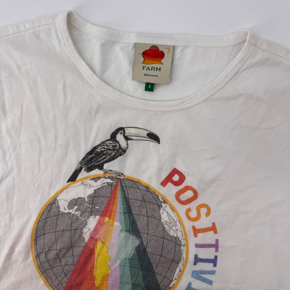 Farm Rio Graphic T-Shirt Womens S White‎ Toucan Globe Rainbow Positivity Cotton